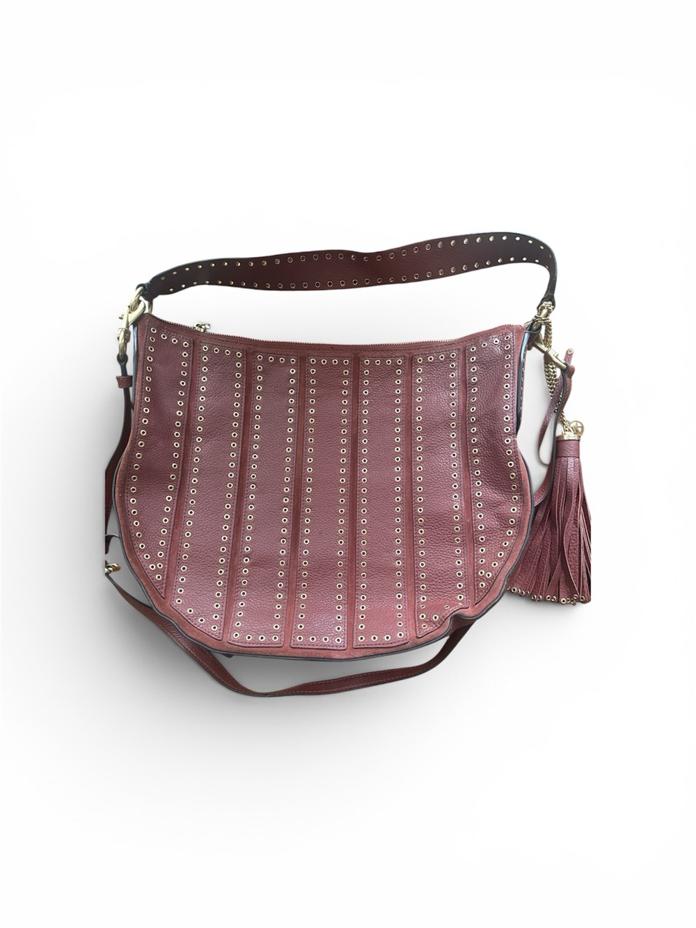 Michael Kors Burgundy Studded Leather Shoulder Bag with Tassel